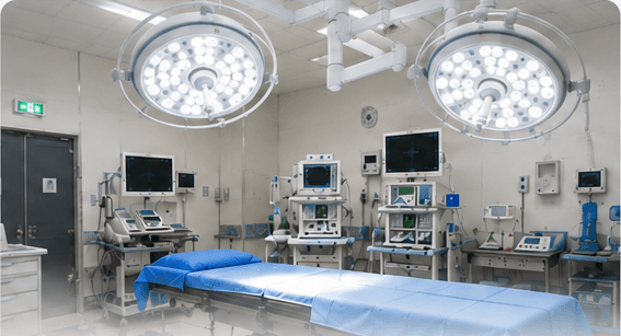 An operating theatre set up and empty, before a list starts